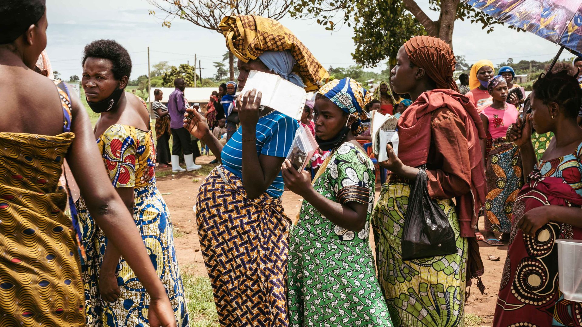 Women lined up for kits